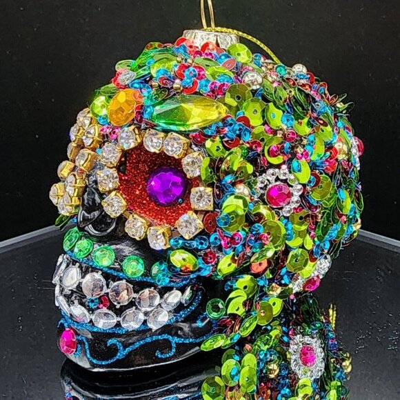 Sugar Skull Ornament Pier 1 Rhinestone Beaded Sequins Retired Halloween Black - Picture 2 of 10